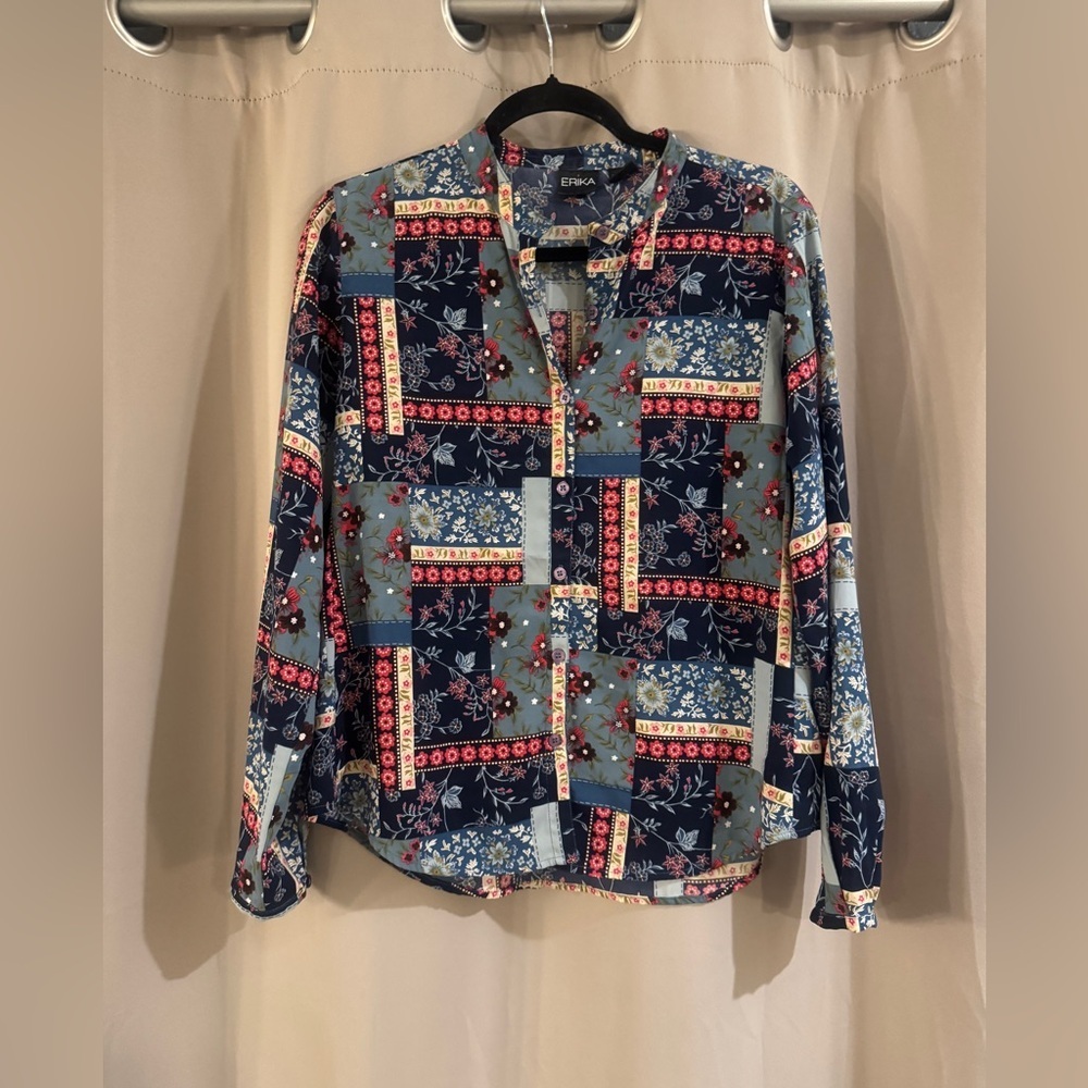 Erika Women’s Patchwork Floral Shirt - Blue, Red, and White